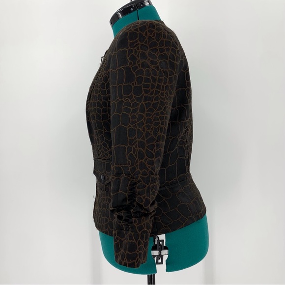 anthracite Brown Scale Print Zipper Closure 3/4 Ruched Sleeve Blazer, 10 - Picture 3 of 16